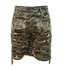 Bottega Desires Distressed Camo Cargo Shorts Green