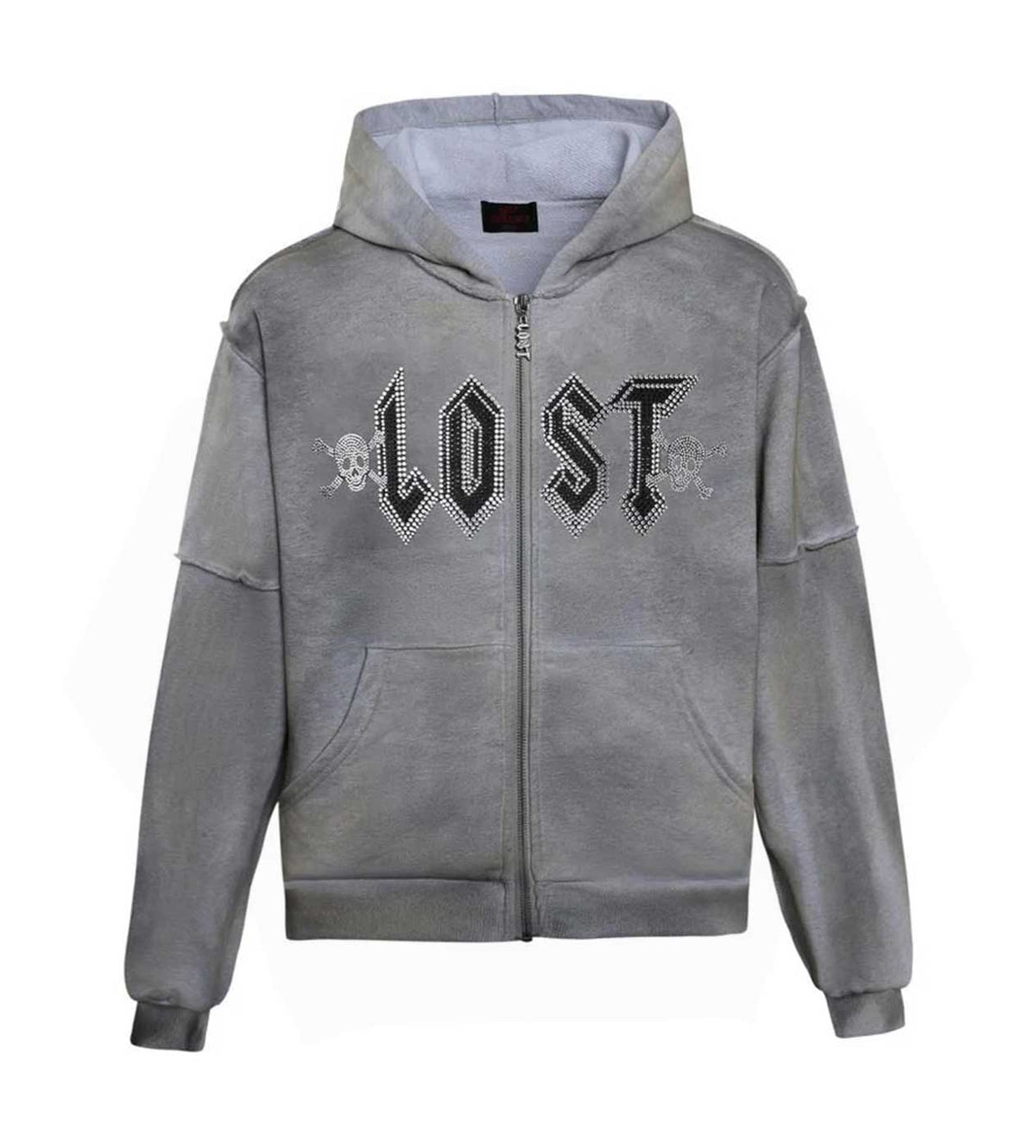 Lost Intricacy Grey Grunge Rhinestone Zip Up