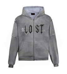 Lost Intricacy Grey Grunge Rhinestone Zip Up
