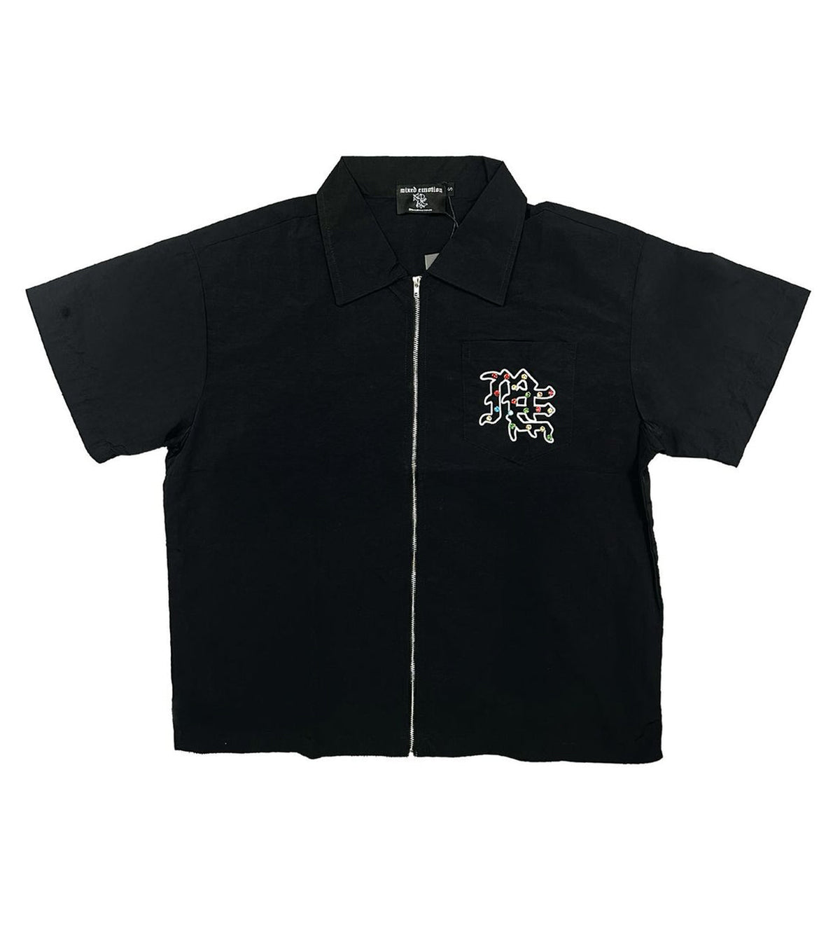 Mixed Emotion Rhinestone Zip Up Shirt Black