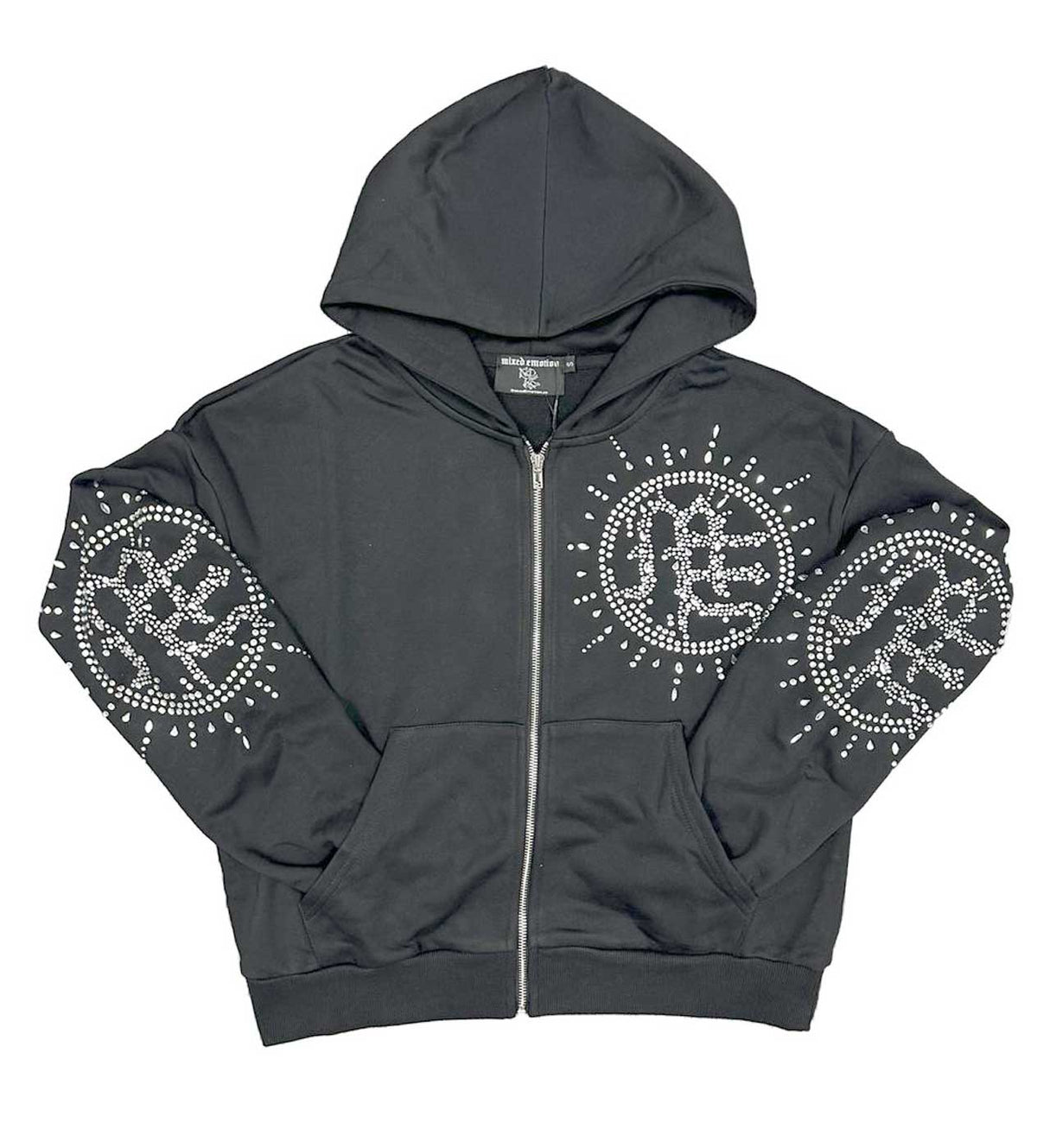 Mixed Emotions Eclipse Rhinestone Hoodie Acid Wash Grey