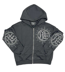 Mixed Emotions Eclipse Rhinestone Hoodie Acid Wash Grey