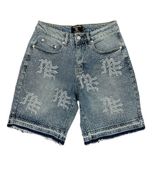 Mixed Emotions "ME" Rhinestone Denim Shorts Blue