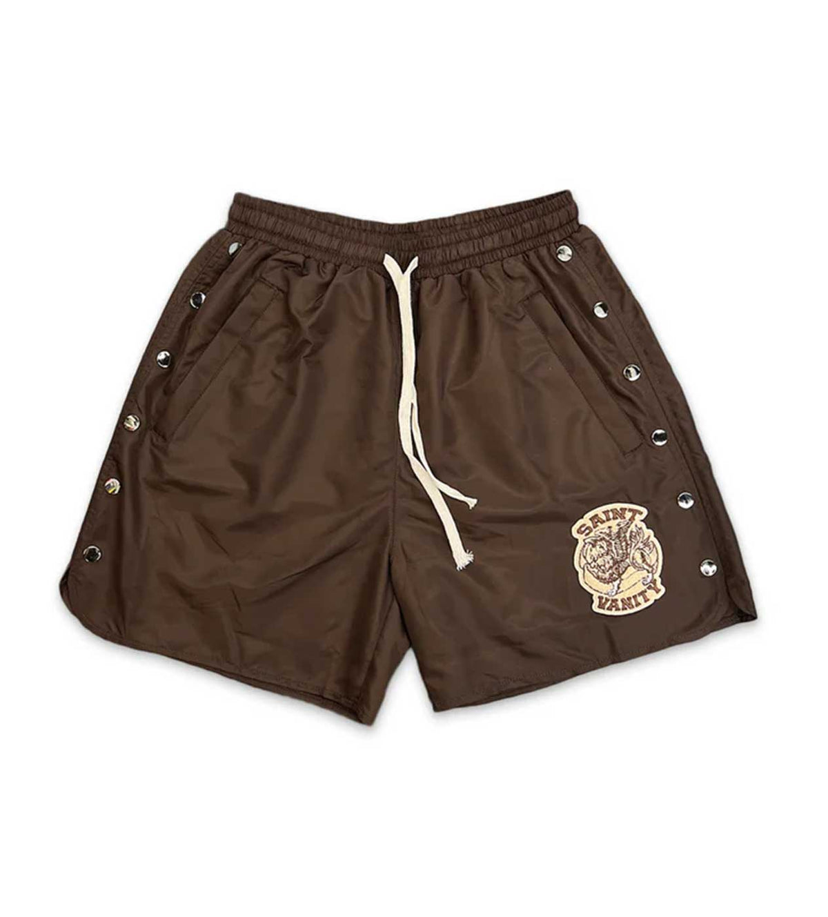 Saint Vanity Nylon Logo Button Shorts Brown